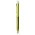A plastic pen in bright yellow with a clear barrel and white clip, featuring a branding logo.