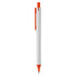 A plastic pen in white with a bright orange clip and tip. Features a logo on the body.