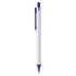 A plastic pen in white with a purple click mechanism and a clip. It features a branding logo.