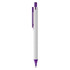 A white plastic pen with a purple clip and tip, featuring a logo on the body.
