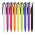 A collection of plastic pens in white, purple, orange, green, yellow, black, and other vibrant colours, featuring clips and a logo.