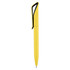 A yellow plastic pen with a sleek design and a black clip, featuring a branding logo.
