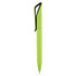 A green plastic pen with a black clip and a smooth design. It features a branding logo on the body.