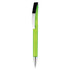 A plastic pen in bright green with a shiny chrome clip and tip. The pen features a logo on its body.