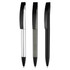 Three plastic pens in silver, grey, and black, featuring sleek designs and clip tops. Each pen has a branding logo.
