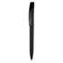 A black plastic pen with a sleek design and a clip, featuring a logo on the body.