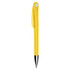 A yellow plastic pen with a sleek design and a click mechanism, featuring a logo on its body.