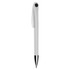 A white plastic pen with a black tip and a clip, featuring a logo on the barrel.