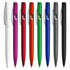 A selection of plastic pens in white, red, purple, orange, green, blue, black, and grey, each with a logo.