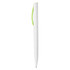 A plastic pen in white with a green clip, featuring a sleek design and a logo on the barrel.
