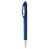 A blue pen with a sleek design and a silver tip, featuring a logo on its body.