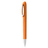 An orange pen with a sleek design and a silver tip, featuring a black accent and a logo.