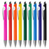 A collection of plastic pens in pink, orange, yellow, red, green, blue, and purple, each with a white grip and a logo.