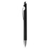 A black plastic pen with a silver clip and a sleek design, featuring a logo on its body.