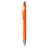 An orange plastic pen with a sleek design and a silver clip, featuring a simple branding logo.