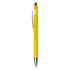 A yellow plastic pen with a silver clip and a sleek design. It features a logo on its body.