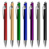 A collection of plastic pens in red, gold, green, blue, purple, grey, and black, featuring a silver clip and logo.
