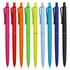 A row of plastic pens in pink, red, orange, green, yellow, blue, and black, featuring a logo on each pen.
