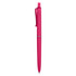 A pink plastic pen with a clip and a textured grip, featuring a logo on the barrel.
