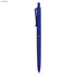 A dark blue plastic pen with a textured grip and a clip, featuring a logo.