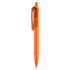 An orange plastic pen with a clear section and a clip at the top. It features a simple design.