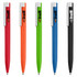 A set of five pens in red, orange, green, blue, and black, featuring a logo on the clip.