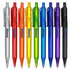 A collection of plastic pens in various colours: clear, orange, yellow, green, blue, purple, and black, with a logo.