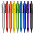 A collection of plastic pens in clear, red, orange, yellow, green, blue, and purple colours, featuring clips and a logo.