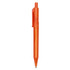 An orange plastic pen with a clip and a translucent design, featuring a branding logo.