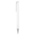 A white plastic pen with a silver clip and tip, featuring a logo.