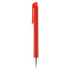 A plastic pen in bright red with a silver tip and a clip. The pen features a simple design with a logo.