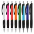 A selection of plastic pens in white, pink, orange, green, blue, and purple with black grips and chrome accents.
