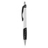 A plastic pen in white with a black grip and chrome accents, featuring a logo.