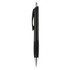A black plastic pen with a contoured grip and a silver tip. The pen features a logo on its body.