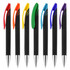 A set of plastic pens in red, yellow, green, blue, and purple with black grips and silver tips, featuring branding.