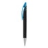 A black plastic pen with a blue clip and silver tip, featuring a logo on its side.
