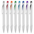 A collection of eight plastic pens with white bodies and coloured accents: orange, green, blue, purple, and black. Each has a silver tip.