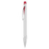 A plastic pen in white with a red top and silver accents. It features a branding logo.