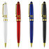 A set of four plastic pens in white, red, blue, and black, each featuring a gold logo.