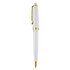 A white plastic pen with gold accents and a clip. The pen has a sleek and modern design.