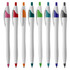A collection of white plastic pens in various colours, including pink, red, orange, green, blue, and black, with logos.