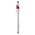 A plastic pen featuring a white body with red accents and a clip. It has a smooth tip for writing.