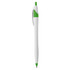 A plastic pen in white with green accents, featuring a clip and a branded logo.
