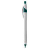 A plastic pen in white with a teal accent, featuring a clip and a logo.