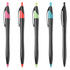 A collection of five plastic pens in black with various brightly coloured accents: pink, red, green, blue, and one entirely black.