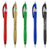 Five metallic plastic pens in red, gold, green, blue, and black, each with a clip and branding.