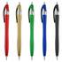 A collection of five plastic pens in red, gold, green, blue, and black, featuring silver accents and a logo.