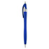 A blue plastic pen with a sleek design and a silver clip. It features a logo on its surface.