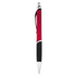 A red and black plastic pen with a sleek design and silver accents, featuring a clip and textured grip.