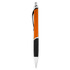 An orange and black plastic pen with a silver clip and tip, featuring a textured grip and branding.